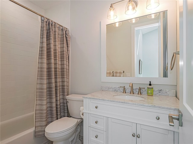 full bathroom with toilet, vanity, and shower / bath combination with curtain