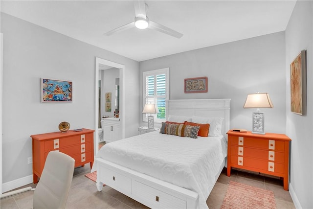 bedroom featuring ceiling fan and tile patterned flooring