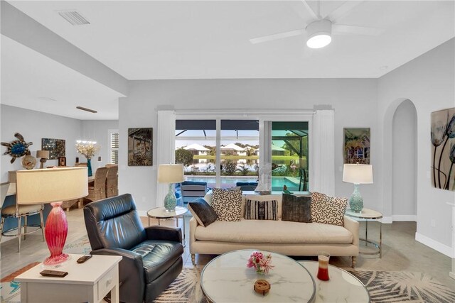 living room with ceiling fan