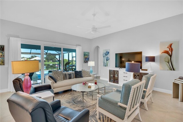 living room featuring ceiling fan