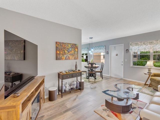 living area with baseboards, a textured ceiling, and wood finished floors