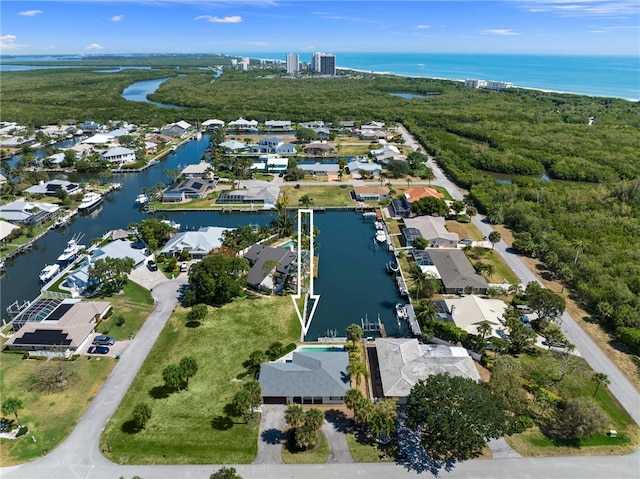 aerial view featuring a water view