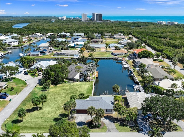 aerial view featuring a water view