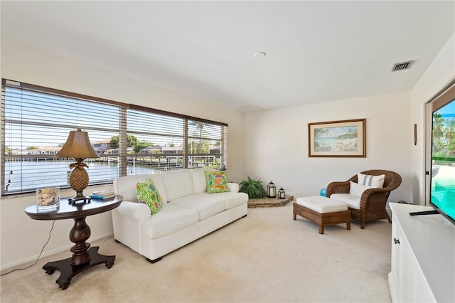 living room featuring light colored carpet and a healthy amount of sunlight