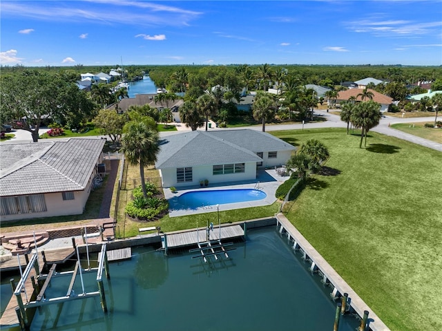 aerial view featuring a water view