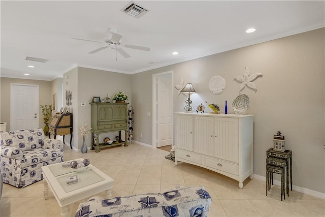 6341 Astor Pl, Vero Beach, FL 32966 - living area with ceiling fan, crown molding, recessed lighting, light tile patterned floors, and baseboards