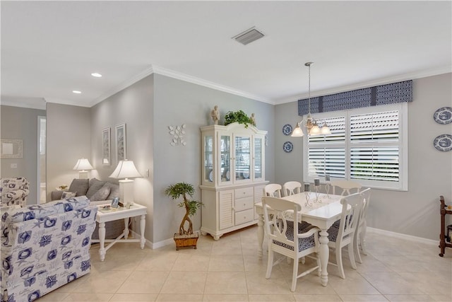 6341 Astor Pl, Vero Beach, FL 32966 - dining room featuring baseboards, a chandelier, light tile patterned floors, crown molding, and recessed lighting