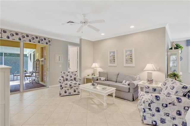 6341 Astor Pl, Vero Beach, FL 32966 - living room featuring crown molding, ceiling fan, light tile patterned floors, baseboards, and recessed lighting