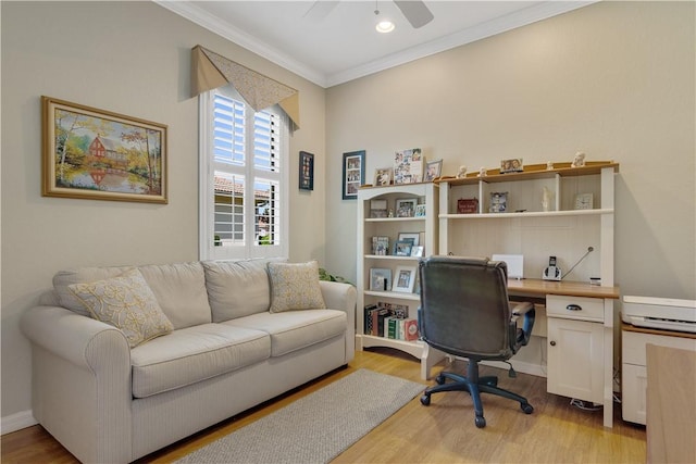 6341 Astor Pl, Vero Beach, FL 32966 - home office featuring light wood-type flooring, crown molding, ceiling fan, and baseboards