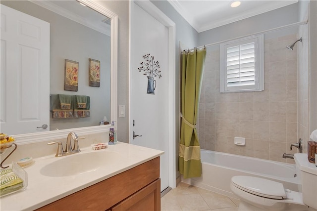 6341 Astor Pl, Vero Beach, FL 32966 - full bathroom with vanity, shower / tub combo with curtain, toilet, tile patterned flooring, and ornamental molding