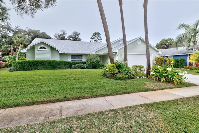 single story home featuring a garage and a front lawn