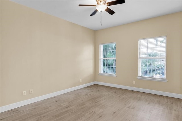 empty room featuring a wealth of natural light, ceiling fan, and light wood-type flooring