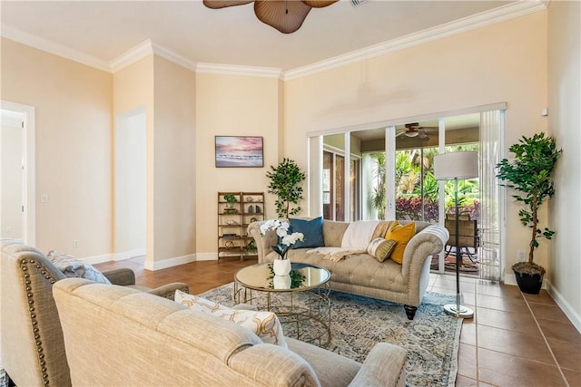 tiled living room with ceiling fan and ornamental molding