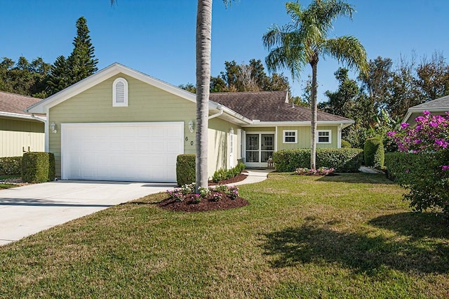 ranch-style house with a front yard and a garage