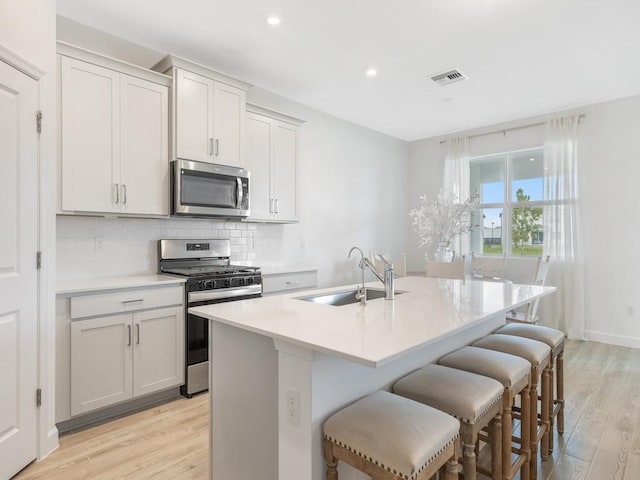 kitchen featuring visible vents, light wood-style flooring, a sink, stainless steel appliances, and backsplash