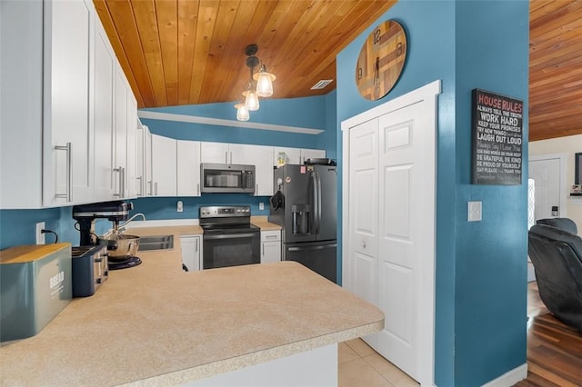 kitchen featuring black appliances, sink, white cabinets, wood ceiling, and kitchen peninsula