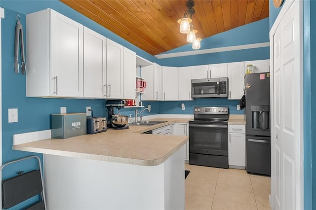 kitchen with white cabinetry, sink, black appliances, and kitchen peninsula