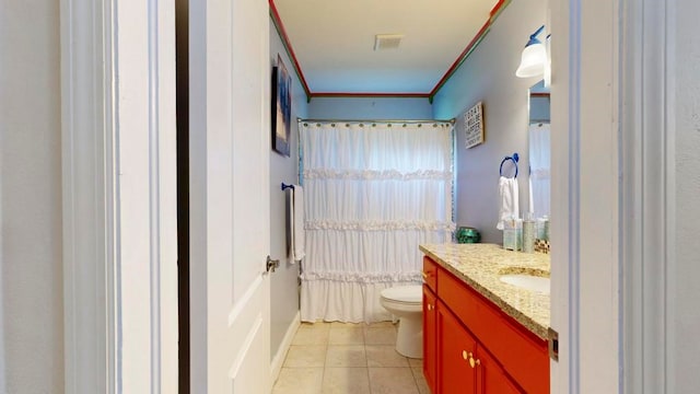 full bathroom with shower / bath combo, toilet, tile patterned flooring, vanity, and crown molding