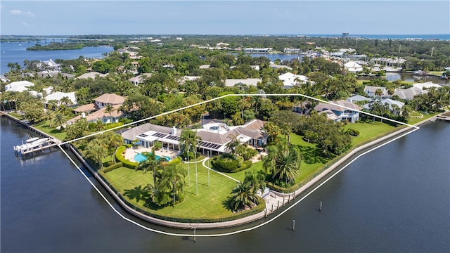 drone / aerial view featuring a water view