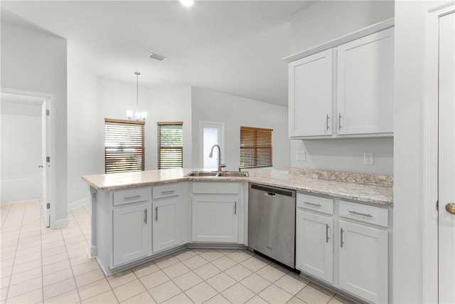 kitchen with light stone countertops, white cabinets, dishwasher, sink, and a chandelier