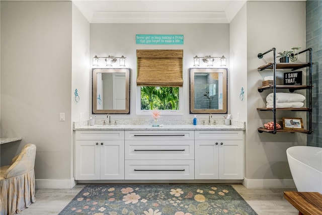 bathroom featuring ornamental molding, wood-type flooring, and vanity