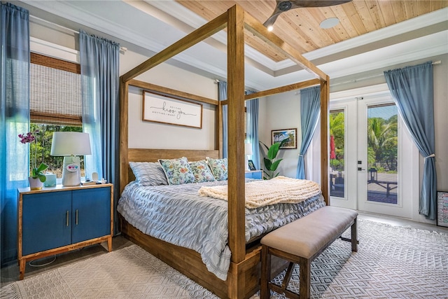 bedroom featuring french doors, ornamental molding, access to exterior, wooden ceiling, and ceiling fan