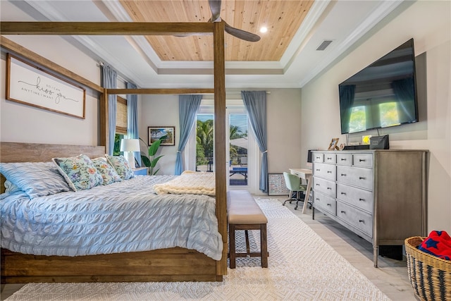 bedroom with access to outside, wood ceiling, a tray ceiling, ceiling fan, and light hardwood / wood-style flooring