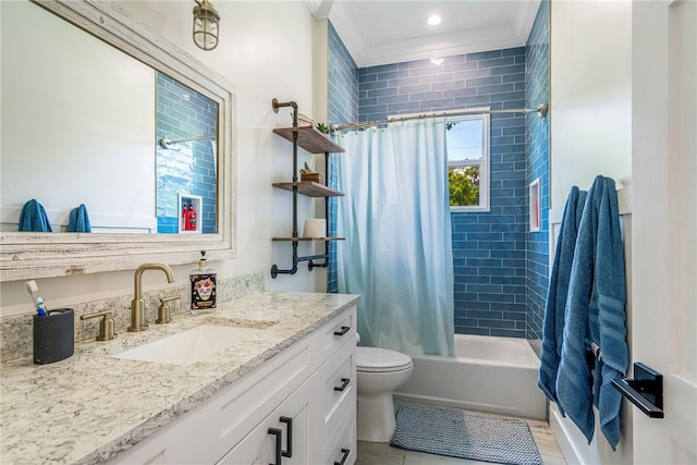 full bathroom featuring shower / tub combo with curtain, vanity, crown molding, tile patterned floors, and toilet