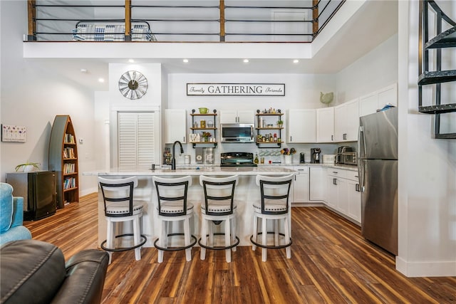 kitchen featuring white cabinetry, appliances with stainless steel finishes, dark hardwood / wood-style flooring, a high ceiling, and a kitchen island with sink