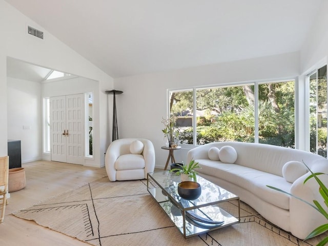 living room featuring light hardwood / wood-style flooring and lofted ceiling