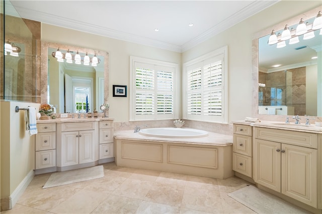 bathroom with independent shower and bath, vanity, and crown molding