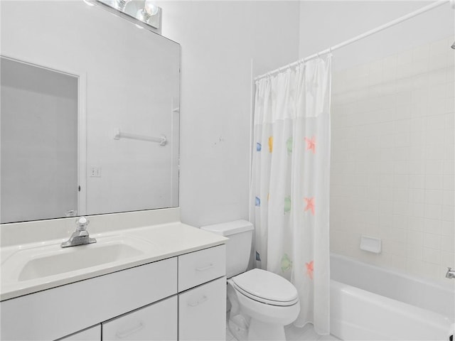 full bathroom with shower / bath combination with curtain, toilet, and vanity