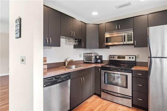 kitchen with light wood-type flooring, sink, and stainless steel appliances