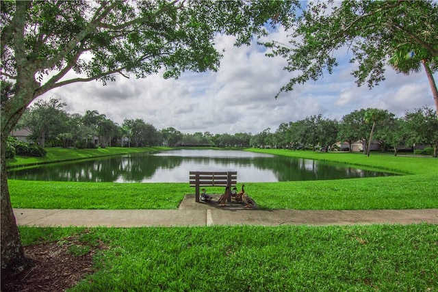 view of community with a water view and a yard