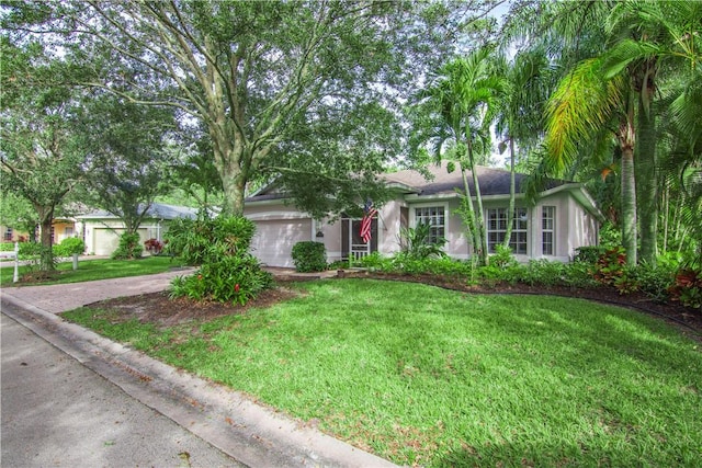 ranch-style home featuring an attached garage, a front lawn, and stucco siding