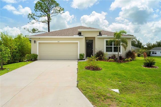 1093 Wabash Rd SE, Palm Bay, FL 32909 - ranch-style home with a garage, concrete driveway, stucco siding, and a front lawn