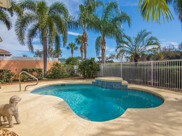 view of pool with a hot tub and a patio