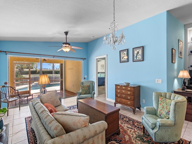 tiled living room featuring ceiling fan with notable chandelier, lofted ceiling, and a textured ceiling