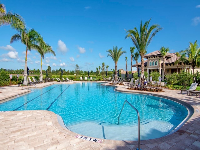 view of swimming pool with a patio