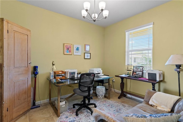 1440 Carriage Ct, Vero Beach, FL 32966 - office with light tile patterned flooring, a chandelier, and baseboards