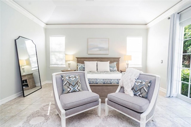 tiled bedroom featuring crown molding and lofted ceiling