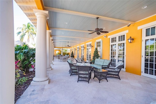 view of patio with ceiling fan, an outdoor hangout area, and french doors