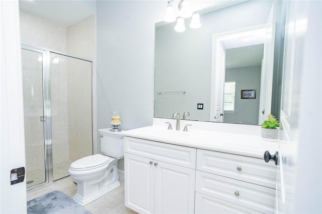 bathroom with walk in shower, tile patterned flooring, vanity, and toilet