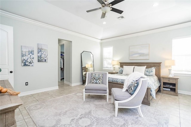 bedroom with multiple windows, ceiling fan, and light tile patterned flooring