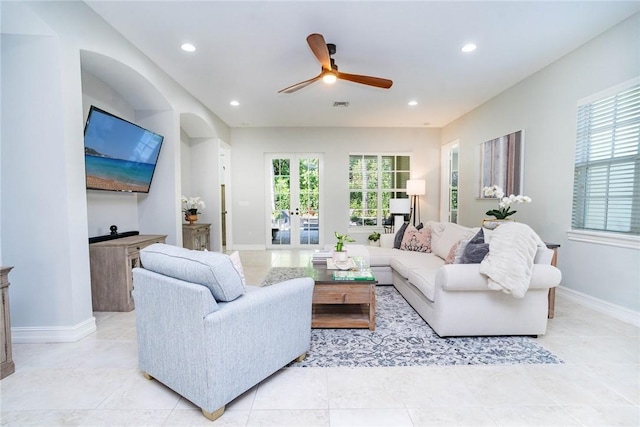 living room featuring ceiling fan