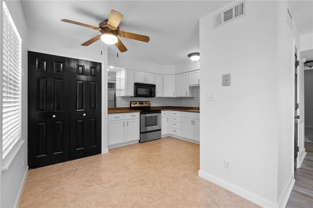 kitchen featuring wood counters, backsplash, stainless steel appliances, ceiling fan, and white cabinetry