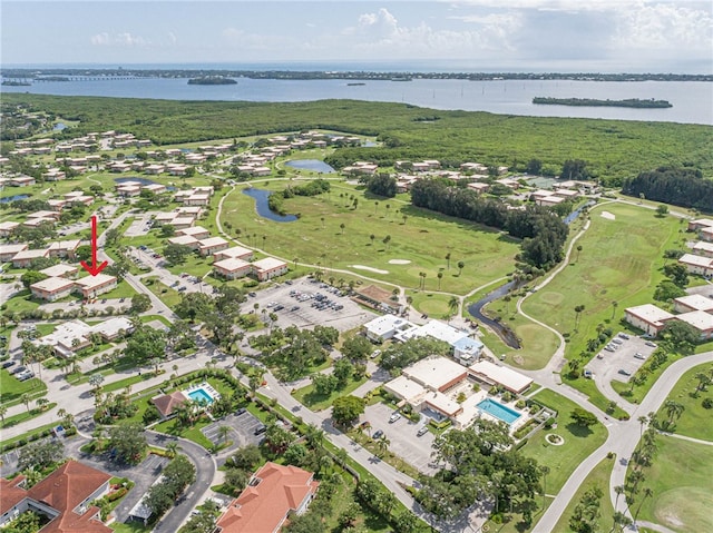 bird's eye view with a water view