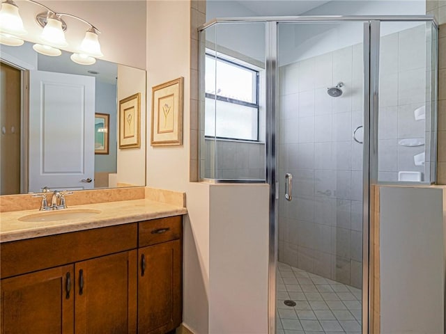 full bathroom with a shower stall and vanity