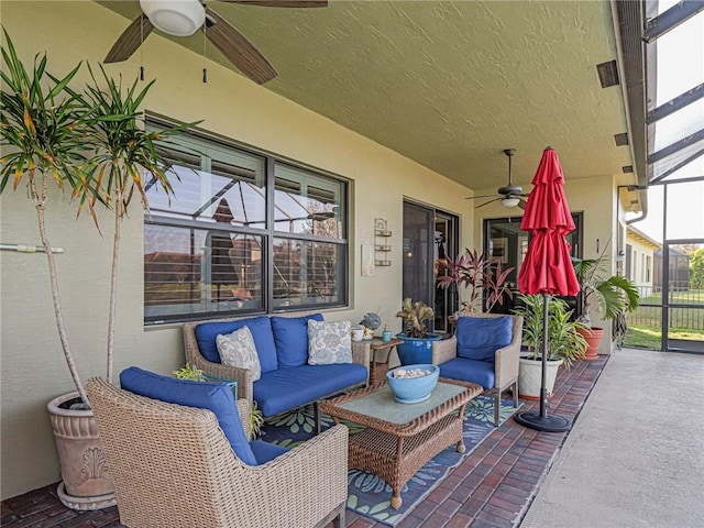 view of patio featuring ceiling fan and an outdoor hangout area