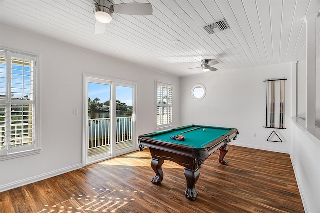 game room with wood-type flooring, pool table, wooden ceiling, and ceiling fan